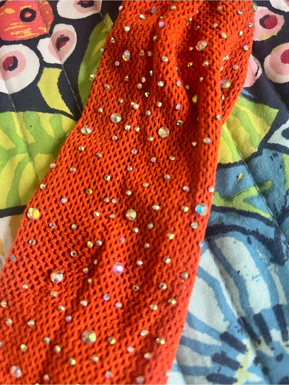 Bright Orange Bedazzled Rhinestone Fishnet Tights